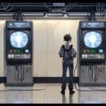 Moderno centro tecnológico con servidores y pantallas de aplicaciones móviles en operación