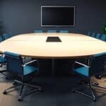 Oficina moderna con dispositivos tecnológicos sobre una mesa de reuniones