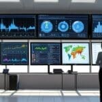 Oficina moderna con computadoras y pantallas mostrando datos y gráficos de inteligencia artificial.