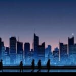 Silueta de una ciudad con edificios tecnológicos modernos al amanecer