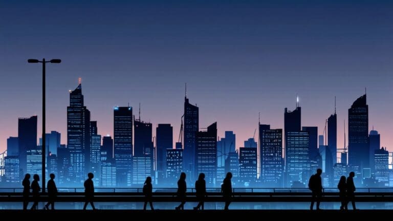 Silueta de una ciudad con edificios tecnológicos modernos al amanecer