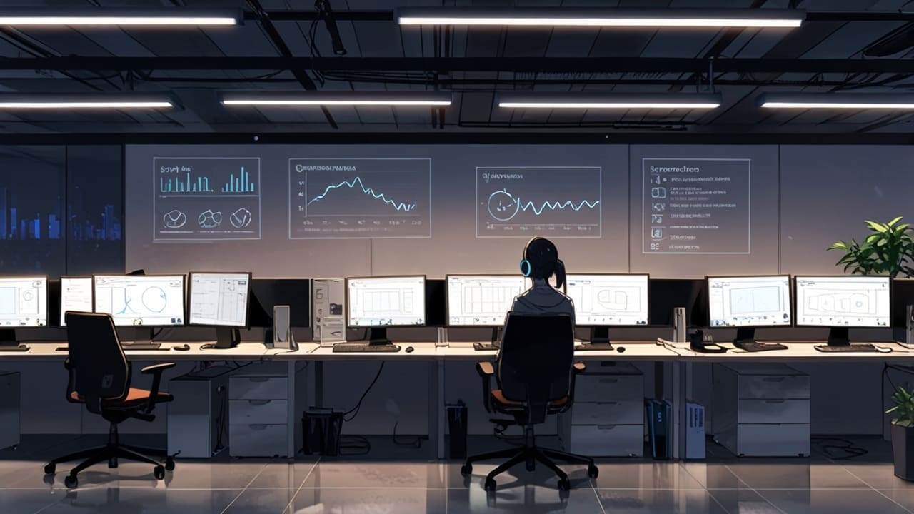 Interior de una moderna oficina de startup tecnológica con computadoras y gráficos de crecimiento en pantallas.