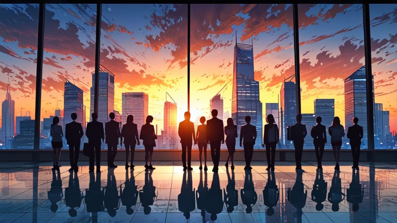 Reunión corporativa en un entorno moderno con fondo de ciudad al amanecer