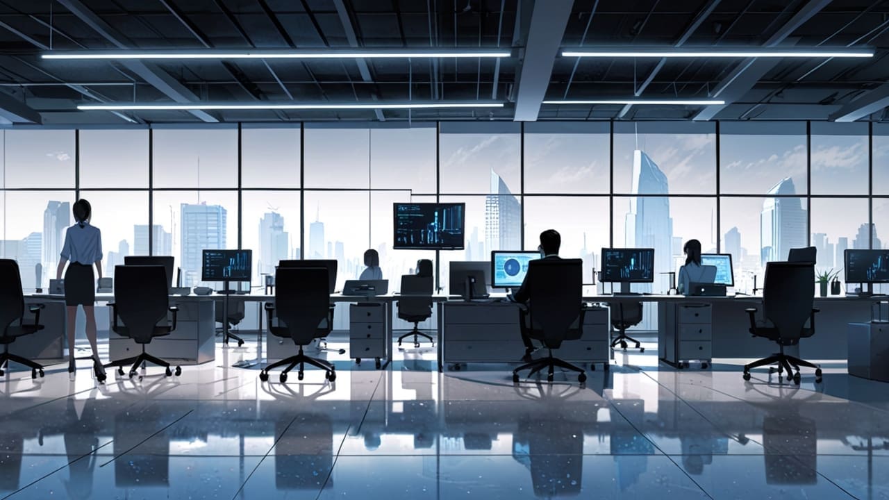 Oficinas modernas con equipos tecnológicos y pantallas digitales activas