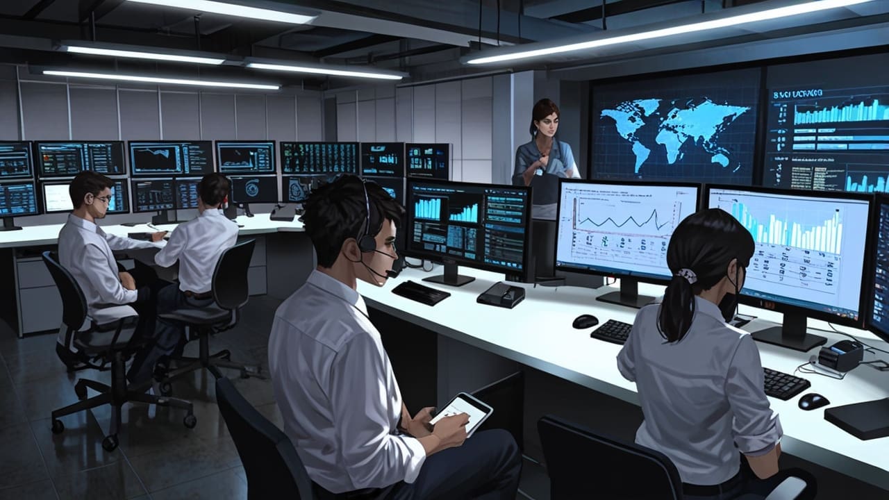 Oficina moderna con equipos tecnológicos de última generación y pantallas mostrando gráficos de datos