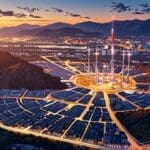 Vista aérea de un centro de innovación en una ciudad con montañas al fondo al atardecer