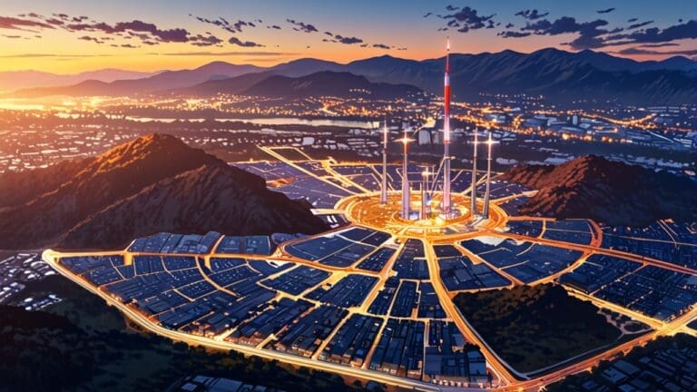 Vista aérea de un centro de innovación en una ciudad con montañas al fondo al atardecer