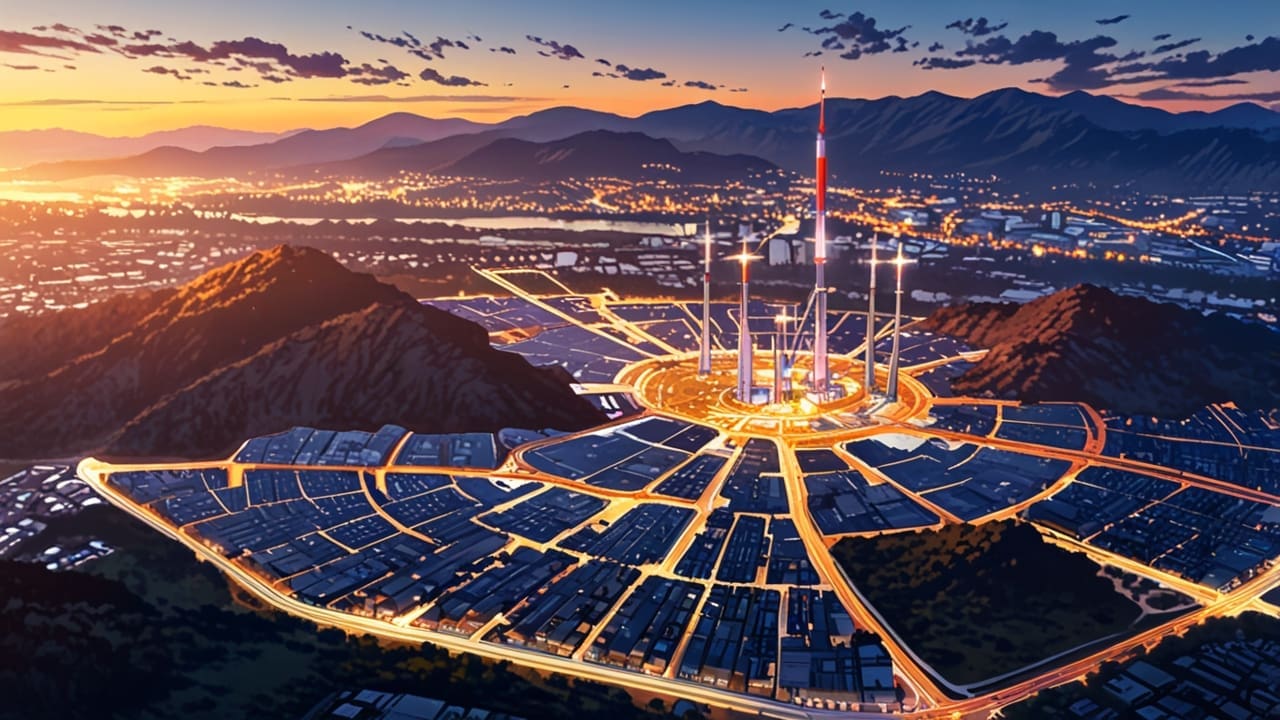 Vista aérea de un centro de innovación en una ciudad con montañas al fondo al atardecer