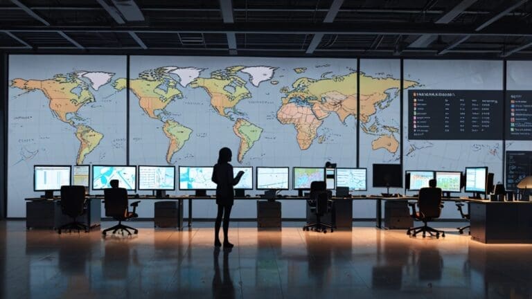 Oficinas modernas de una startup tecnológica con pantallas mostrando mapas logísticos y datos en tiempo real.