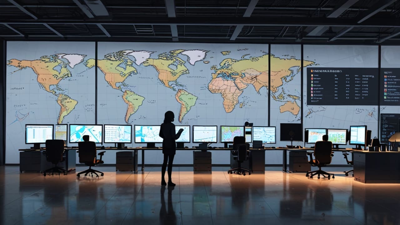 Oficinas modernas de una startup tecnológica con pantallas mostrando mapas logísticos y datos en tiempo real.