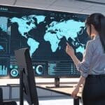 Oficina moderna con pantallas mostrando datos y mapas de inteligencia artificial