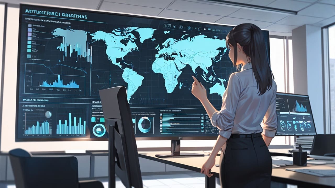 Oficina moderna con pantallas mostrando datos y mapas de inteligencia artificial