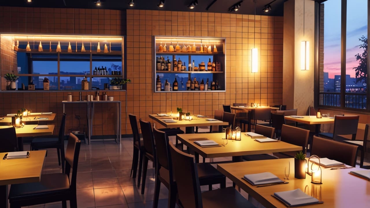 Interior de restaurante moderno con un toque tecnológico, mesas impecables, y una atmósfera elegante al atardecer.