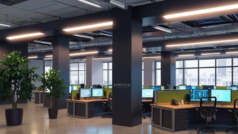 Oficinas modernas de una startup tecnológica en Lima, Perú, con mesas de trabajo y equipos digitales.