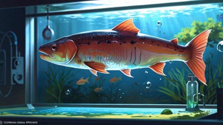 Salmones nadando en un criadero acuático sustentable rodeado de tecnología avanzada.