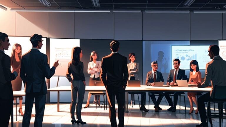 Grupo de empresarios y emprendedores discutiendo en un moderno centro de convenciones con pantallas digitales.