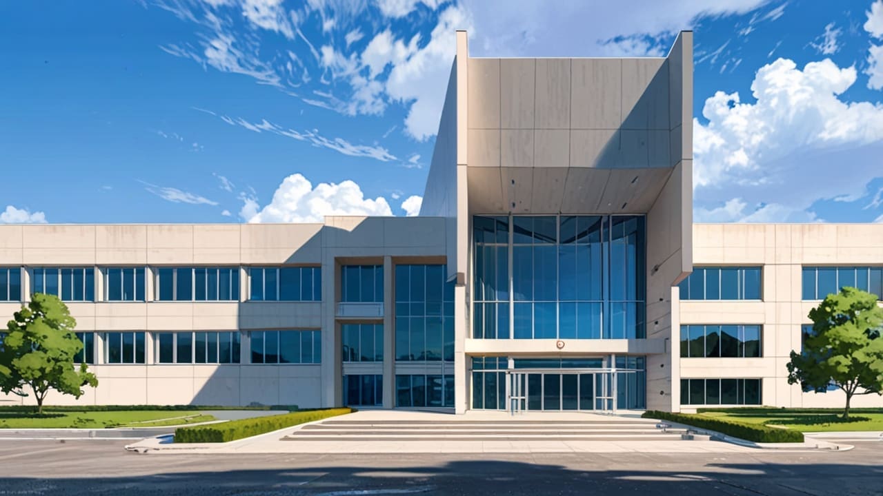 Exterior de una moderna universidad en Castilla y León con cielo despejado