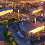 Vista aérea de un parque industrial con edificios tecnológicos al atardecer