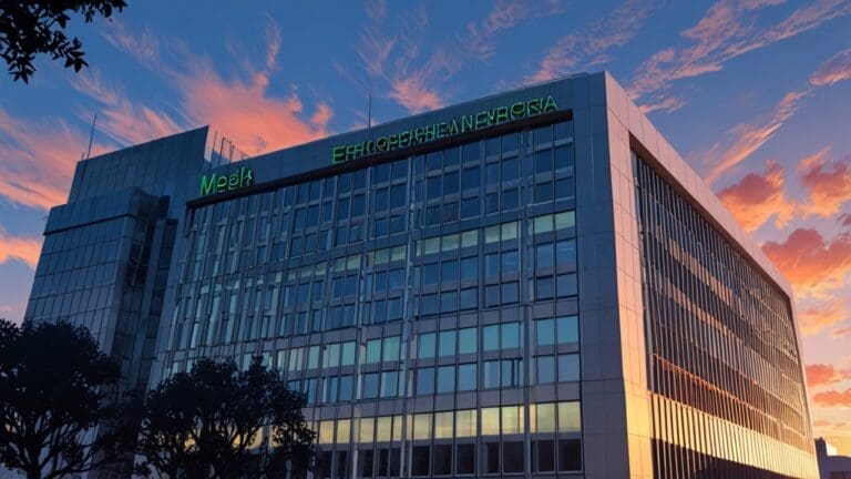 Exterior del edificio de la Bolsa Mexicana de Valores con el cielo despejado al amanecer