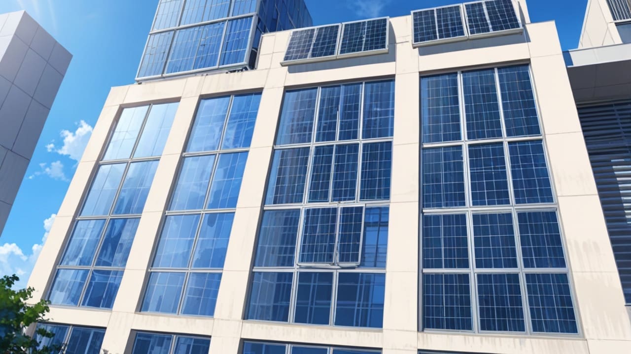 Edificio moderno con paneles solares y sistemas de agua en una ciudad chilena