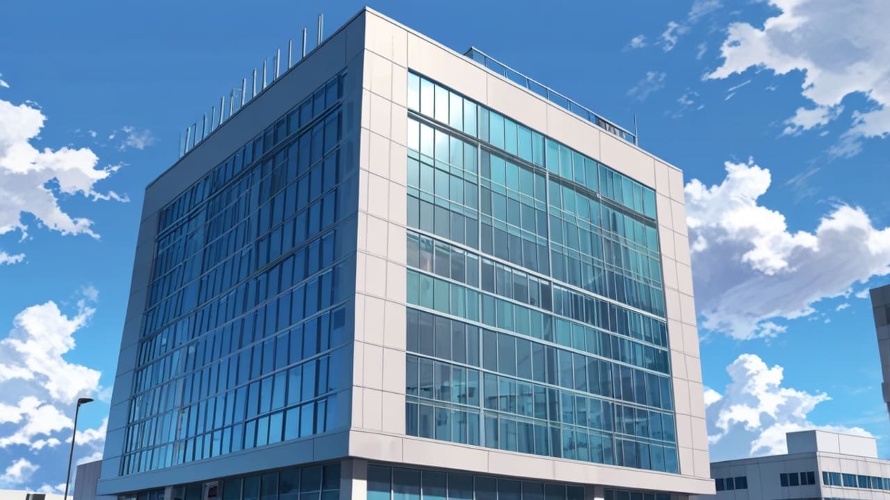 Edificio moderno de una clínica tecnológica con un cielo despejado
