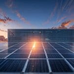 Vista de un moderno edificio corporativo rodeado de paneles solares al amanecer