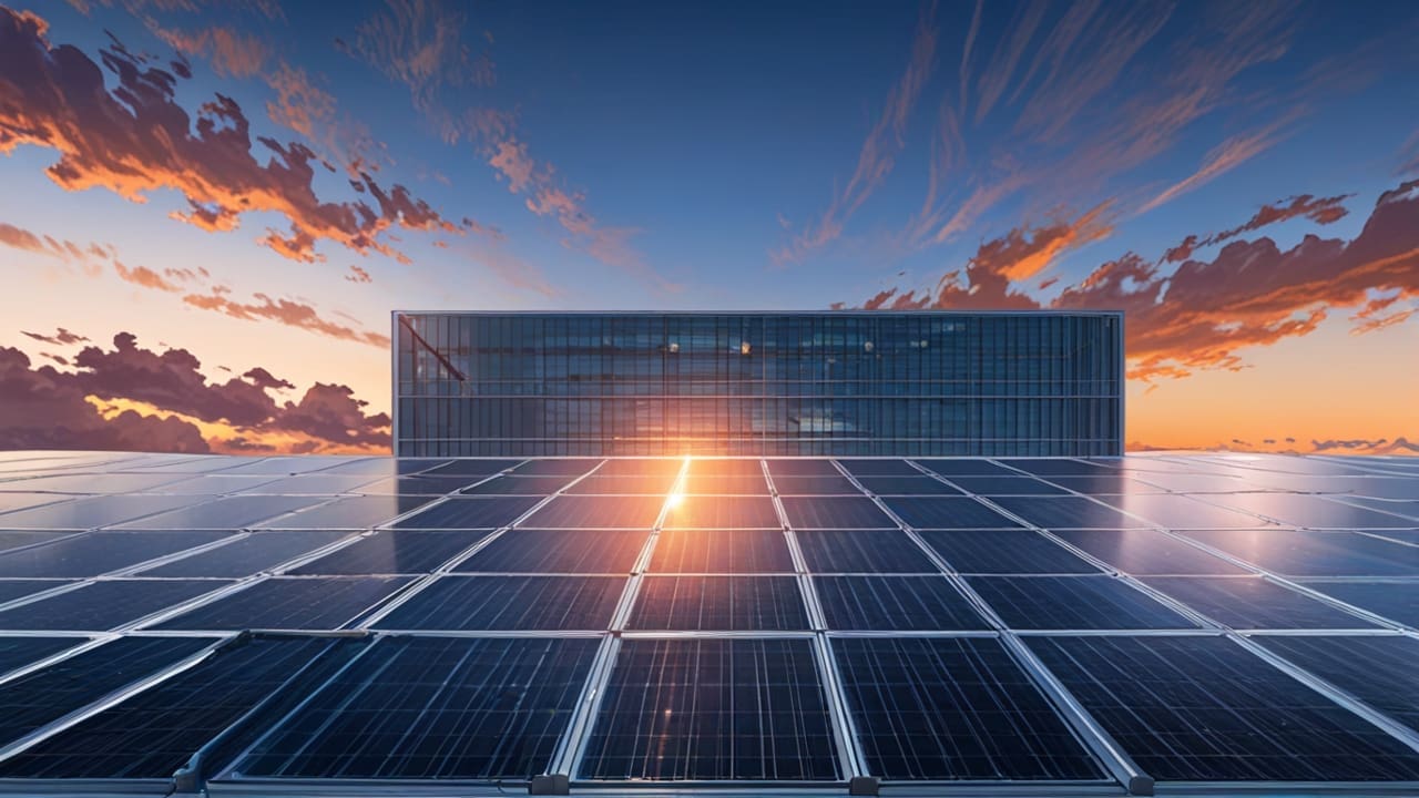 Vista de un moderno edificio corporativo rodeado de paneles solares al amanecer