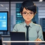 Persona usando férula innovadora en una oficina moderna, observando una pantalla digital.