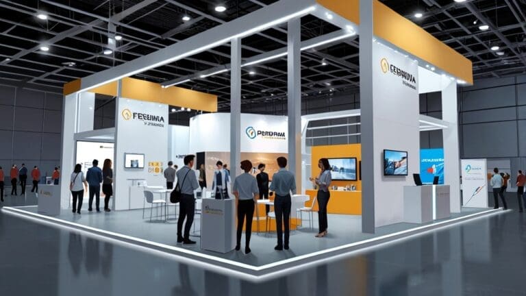 Vista interior de una feria de tecnología con stands de empresas innovadoras en construcción