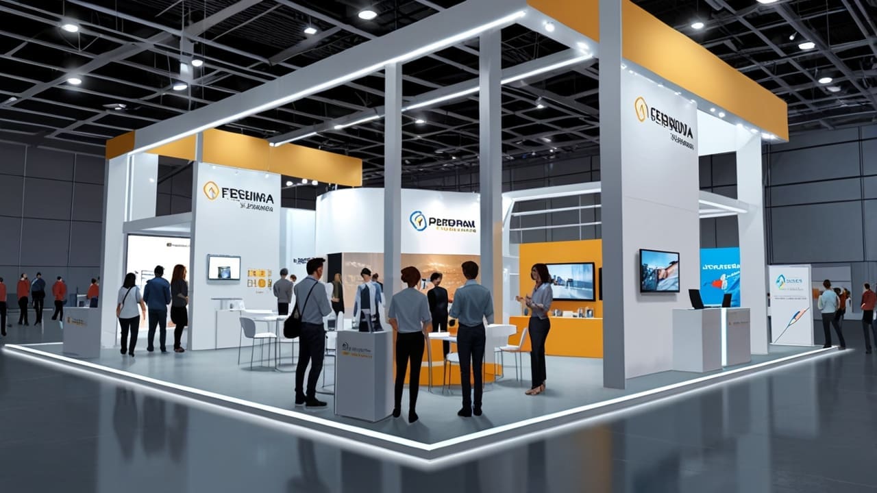 Vista interior de una feria de tecnología con stands de empresas innovadoras en construcción