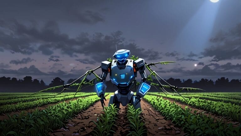 Robot agrícola inspirado en ciempiés avanzando entre plantas en un campo cultivado bajo un cielo despejado