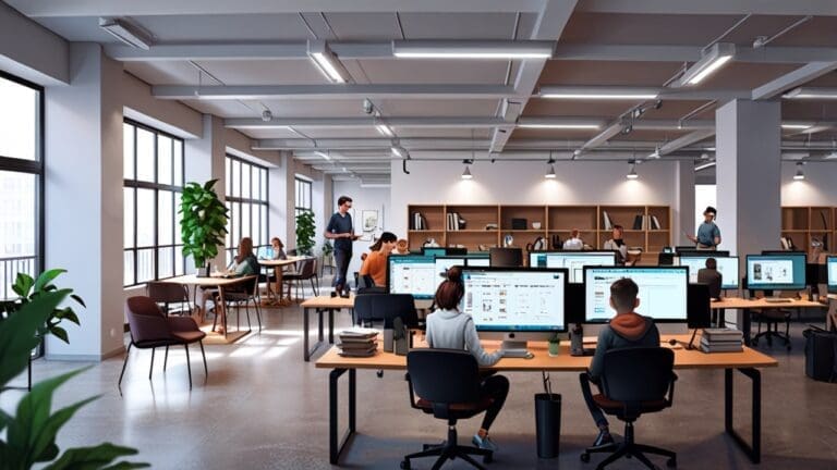 Interior de un coworking moderno con emprendedores trabajando en computadoras portátiles
