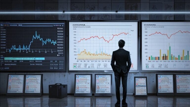 Oficina moderna con gráficos digitales y símbolos financieros en pantallas sobre escritorios limpios.