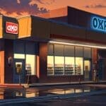 Panorámica de tiendas de conveniencia Oxxo en un entorno urbano de Estados Unidos al amanecer