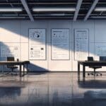 Espacio de trabajo moderno con pantallas mostrando datos de energía renovable en un entorno corporativo