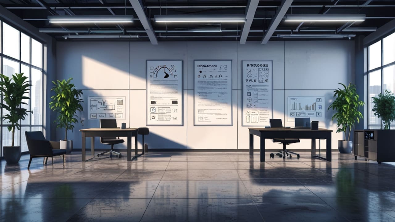 Espacio de trabajo moderno con pantallas mostrando datos de energía renovable en un entorno corporativo