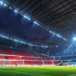 Plano general de un estadio moderno con áreas de estacionamiento bien diseñadas al atardecer