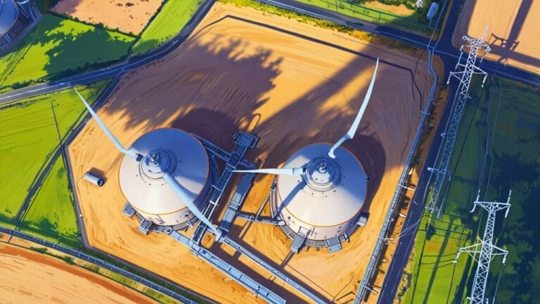 Vista aérea de una planta de energía eléctrica con estructuras modernas en desarrollo.