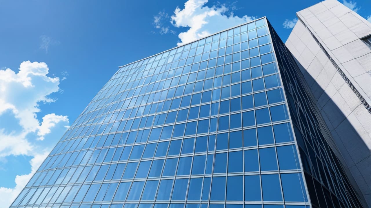Vista aérea de un moderno edificio corporativo con un cielo despejado
