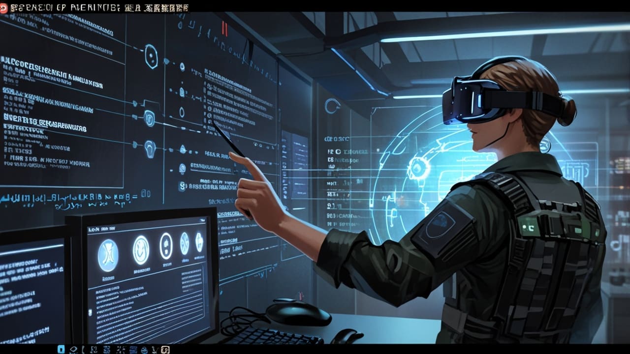 Futurística interfaz gráfica de realidad virtual y análisis de datos en ciberseguridad militar.