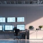 Oficina moderna con computadoras y pantallas mostrando datos de salud mental en entorno tecnológico corporativo.