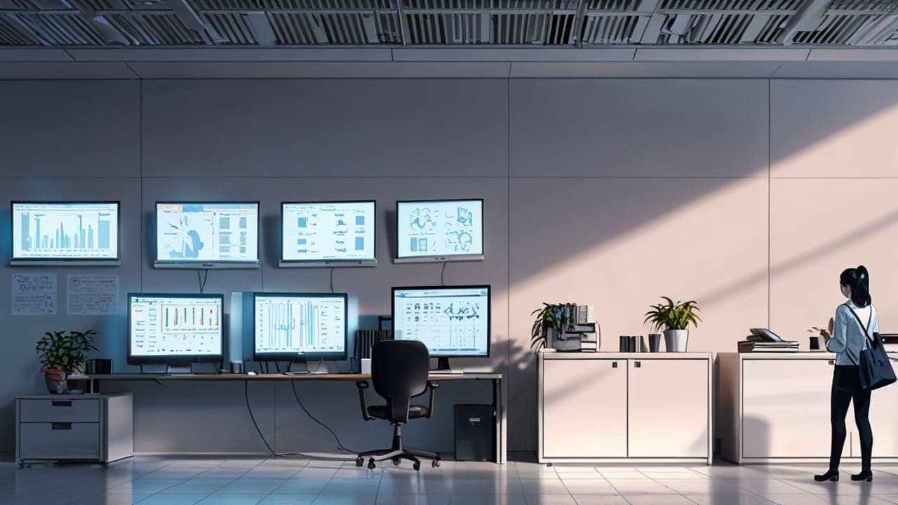 Oficina moderna con computadoras y pantallas mostrando datos de salud mental en entorno tecnológico corporativo.