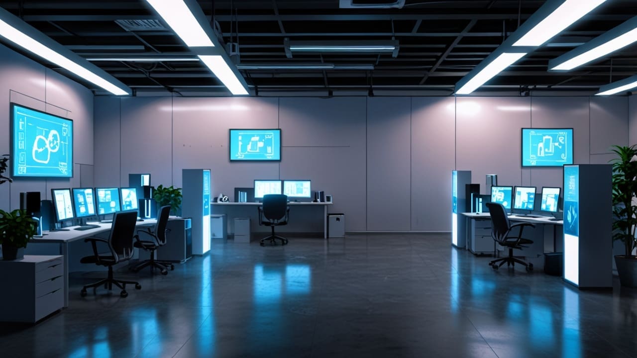 Oficina moderna con vista a dispositivos de inteligencia artificial en uso, dinámica y bien iluminada