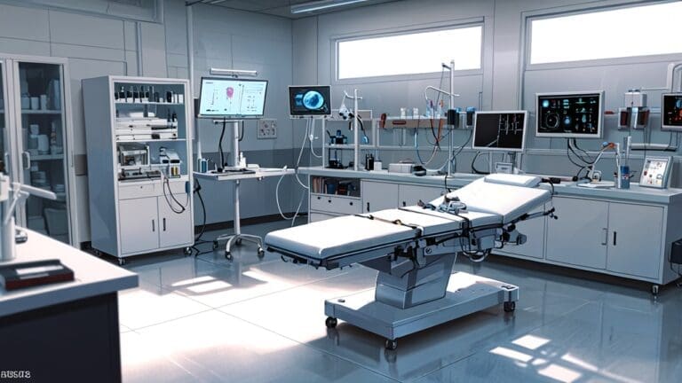 Dispositivo médico moderno en una mesa de laboratorio enfocado en tecnología de inteligencia artificial.