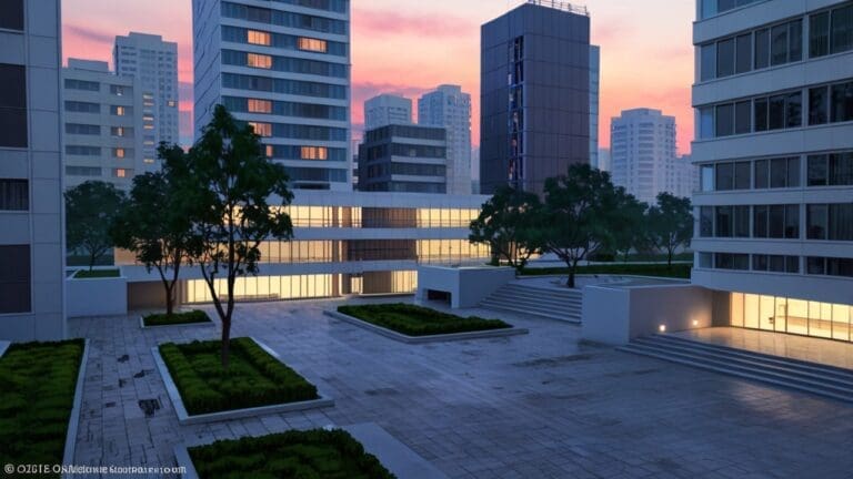 Vista moderna de un parque empresarial con edificios de innovación y tecnología al amanecer