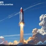 Cohete Long March 2D despegando entre columnas de humo y nubes, en un cielo despejado, resaltando su potencia y tecnología avanzada