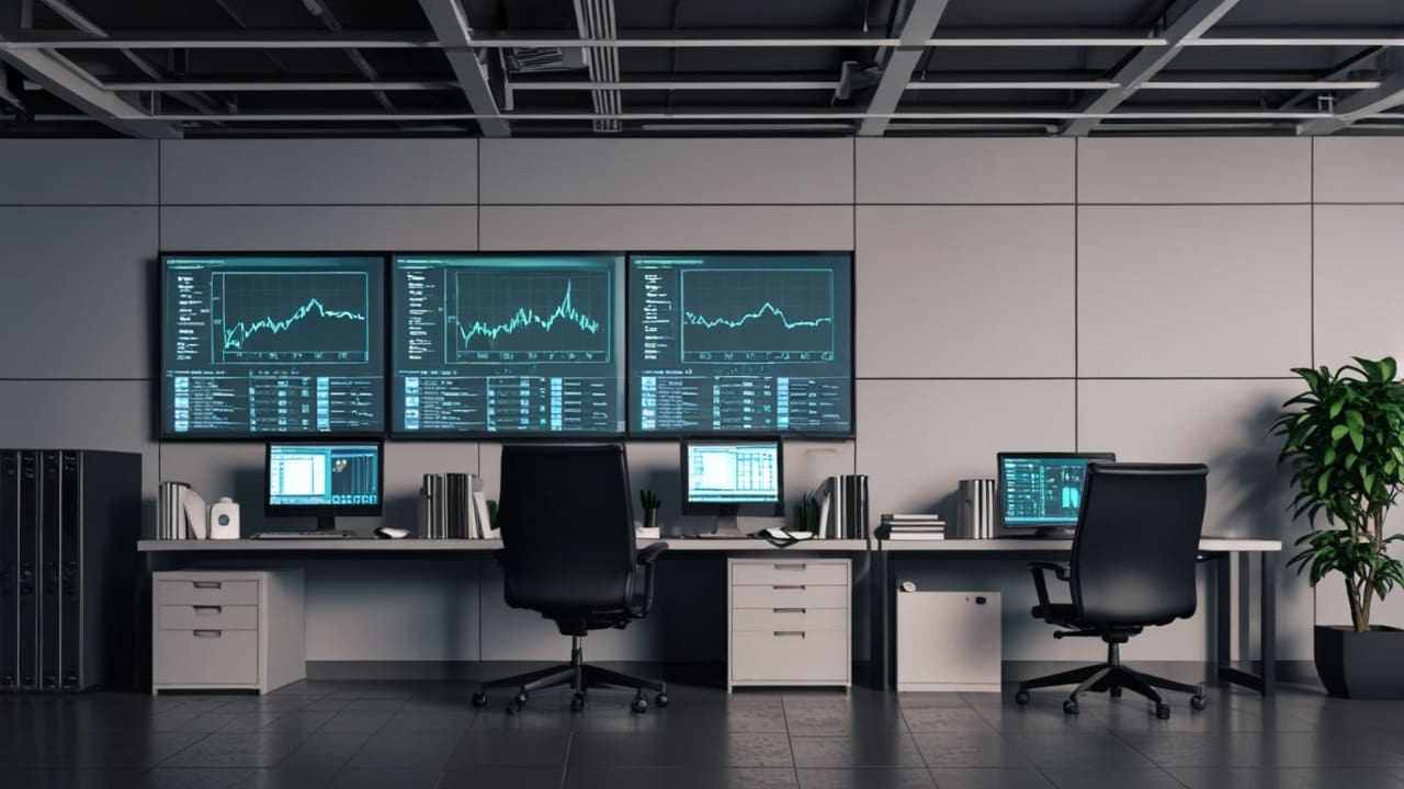 Oficina moderna con computadoras y gráficos tecnológicos en las pantallas