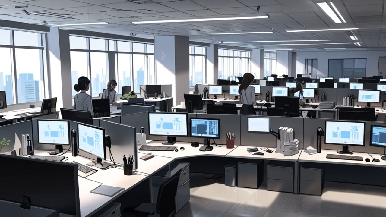 Interior de una moderna oficina tecnológica con personas trabajando en sus escritorios