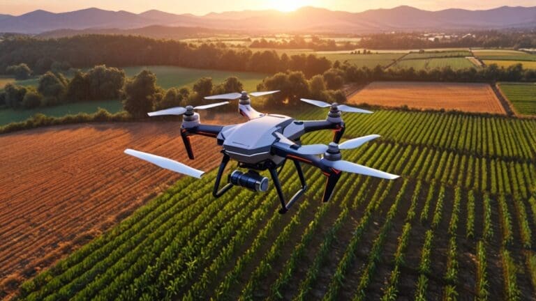 Dron sobrevolando campos agrícolas con tecnología avanzada al amanecer