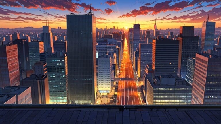 Vista panorámica de una ciudad con rascacielos y oficinas modernas al atardecer